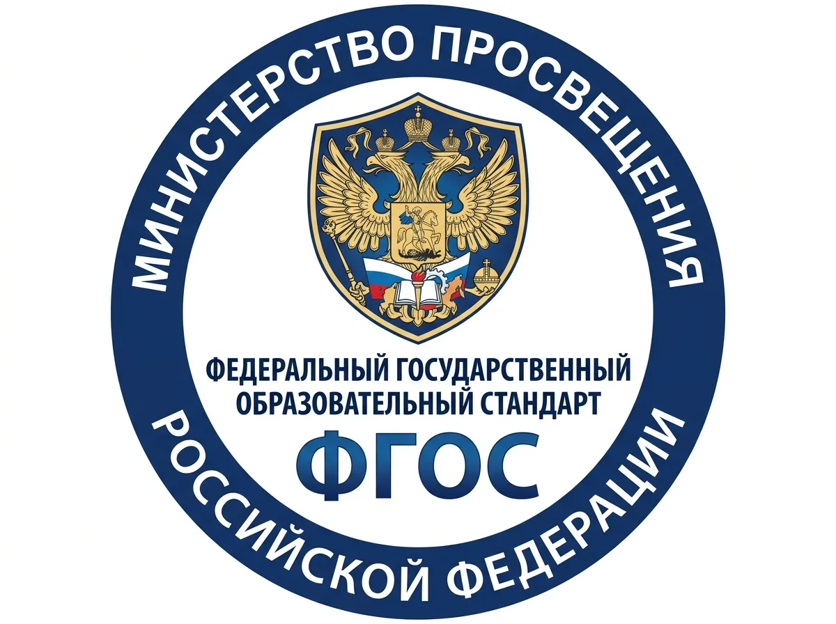 Логотип ФГОС Федеральный государственный образовательный стандарт на белом фоне, официальный символ Министерства образования